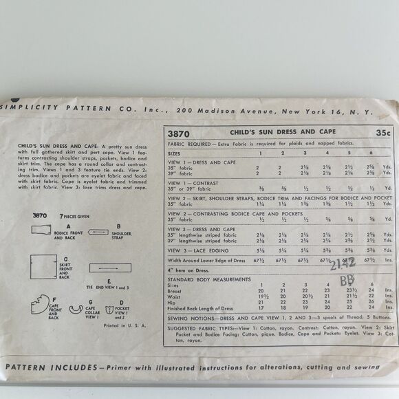 Simplicity Vintage 1940s Sewing Pattern Child’s Sun Dress And Cape 3870 Complete - Picture 2 of 2